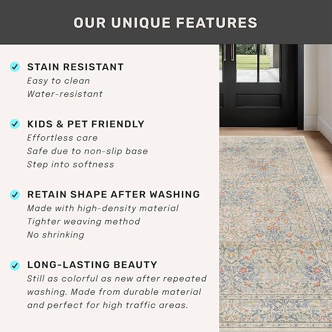 Washable Beige Blue 5x8 Area Rug for Large Entryway, Living Room, Kids Room, Boy Nursery Room, Bedroom Rug - Vintage Oriental Low Pile Non Slip & Stain Resistance (5x8 Beige Blue)