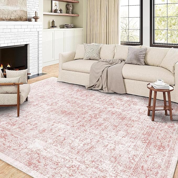 8x10 Area Rugs for Living Room, Non-Slip Backing Washable Rug 8x10, Pink Large Area Rug Soft Carpet for Bedroom Dining Room, Vintage Floral, Easy Clean, Durable, Low Pile Rug Under Table