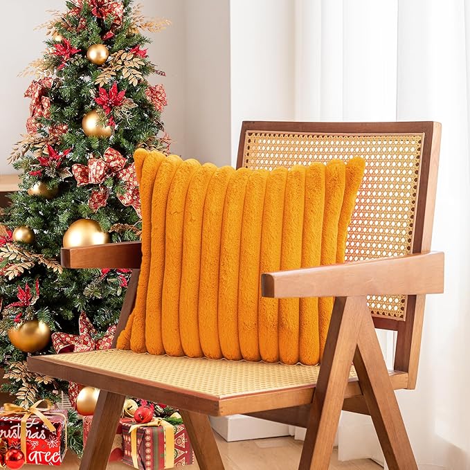 Double-Sided Faux Fur Plush Fall Throw Pillow Covers 18x18 Set of 2 Fuzzy Striped Soft Cozy Pillowcase Luxury Decorative Pillows Square Fluffy Cushion Covers for Couch Sofa Bed,Orange
