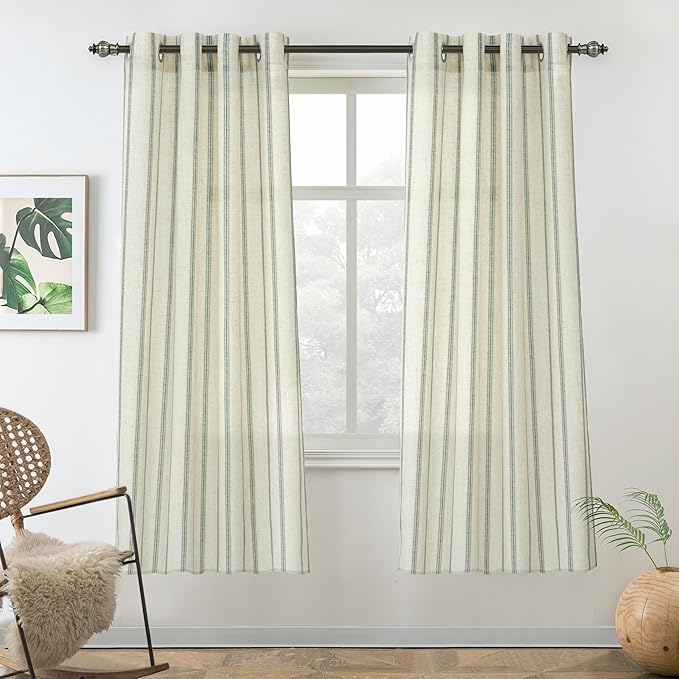 DriftAway Farmhouse Vertical Striped Linen Blend Textured Light Filtering Semi Sheer Curtains for Living Room Bedroom 63 Inches Long Drapes 2 Panels