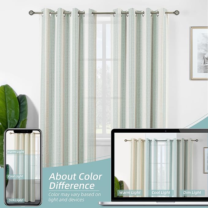 DriftAway Farmhouse Vertical Striped Linen Blend Textured Light Filtering Semi Sheer Curtains for Living Room Bedroom 84 Inches Long Drapes 2 Panels Broad Striped Green