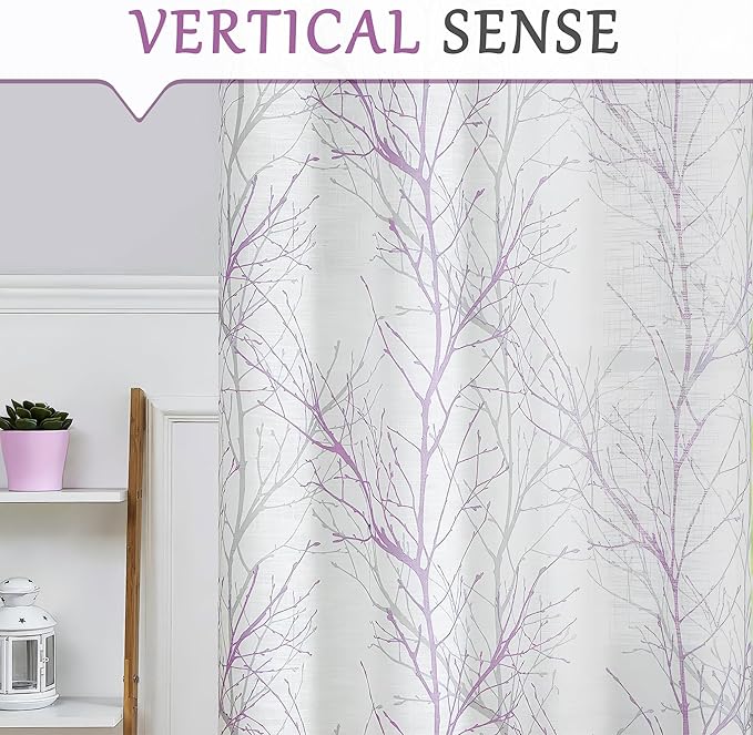 FMFUNCTEX Linen Semi Sheer Curtains for Bedroom, Lilac White Curtains 84 Inches Long for Living Room, Grey Tree Branch Patterned Curtain Light Filtering Farmhouse Window Drapes, Grommet Top 2 Panels