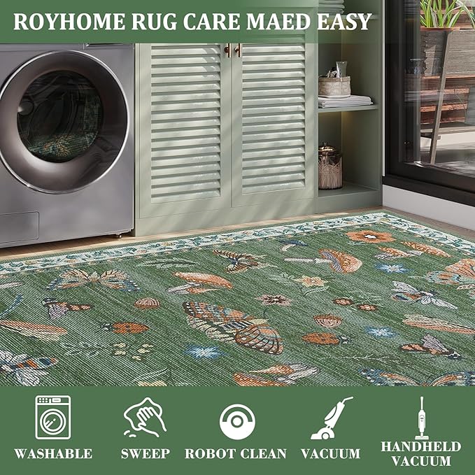 Mushroom Insect 8ft Round Rug Washable Non-Slip Soft Ultra-Thin Large Boho Circle Carpet for Entryway Kitchen Bedroom Nursery Dining Room Green