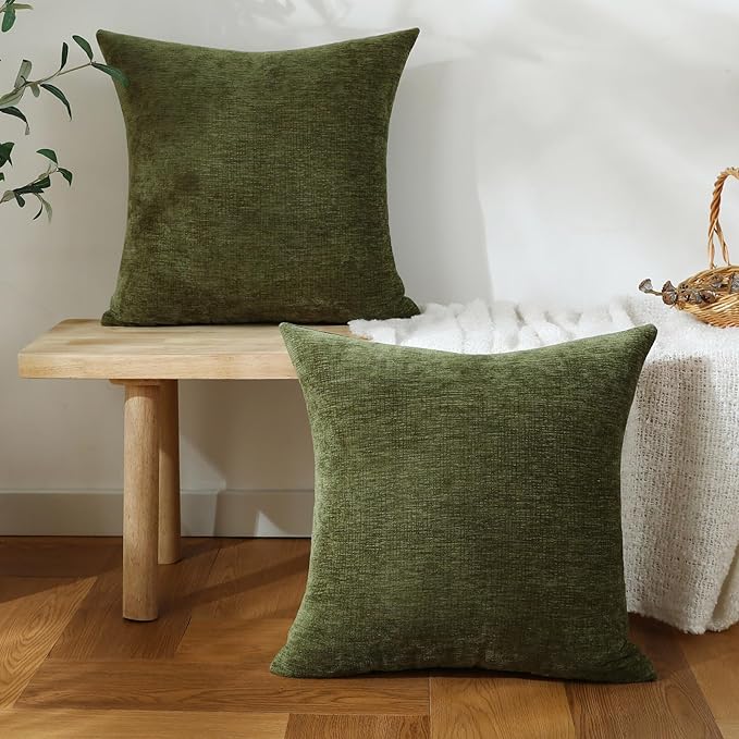 Jeneoo Sage Green Decorative Throw Pillow Covers Soft Chenille Comfy Square Couch Cushion Cases for Living Room Sofa Decor (Set of 2, 18 x 18 Inches)