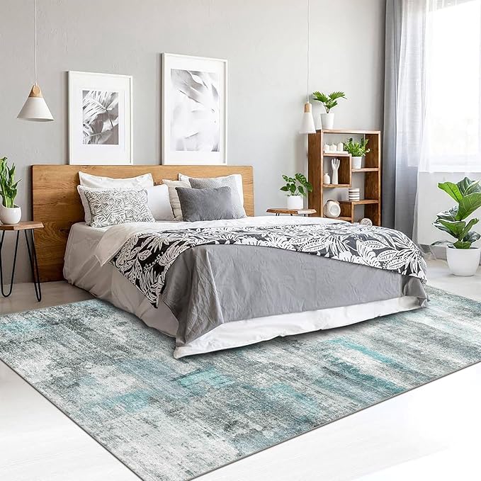 5x7 Area Rugs - Ultra-Thin Washable Rug with Non-Slip Backing, Ideal for Living Room, Bedroom, Kitchen Floor Carpet - Modern Abstract Style, Easy Clean, Durable, Low Pile Teal