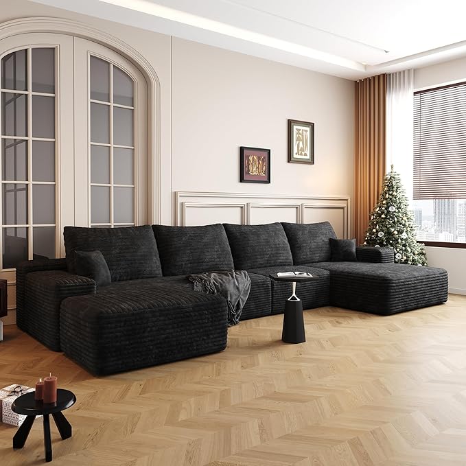 136" Sectional Couches for Living Room Modern Modular Sofa with L-Shape Couchs Upholstered Boneless Couch Deep Seat Sectional Couch with Chaise (Black, Right Facing Chaise+3Seaters+Ottoman)
