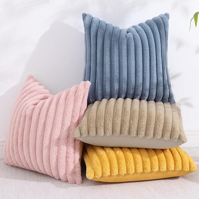 decorUhome Faux Fur Spring Throw Pillow Covers 22x22 Set of 2, Decorative Soft Plush Striped Neutral Couch Euro Sham Pillow Covers with Velvet Back for Sofa, Bed, Living Room Home, Grey Blue