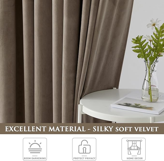 StangH Taupe Velvet Curtains Luxury Thermal Insulated Window Drapes Thick Heavy Light Blocking Room Dividers for Living Room Office French Door, 52 x 84 inches, 2 Panels