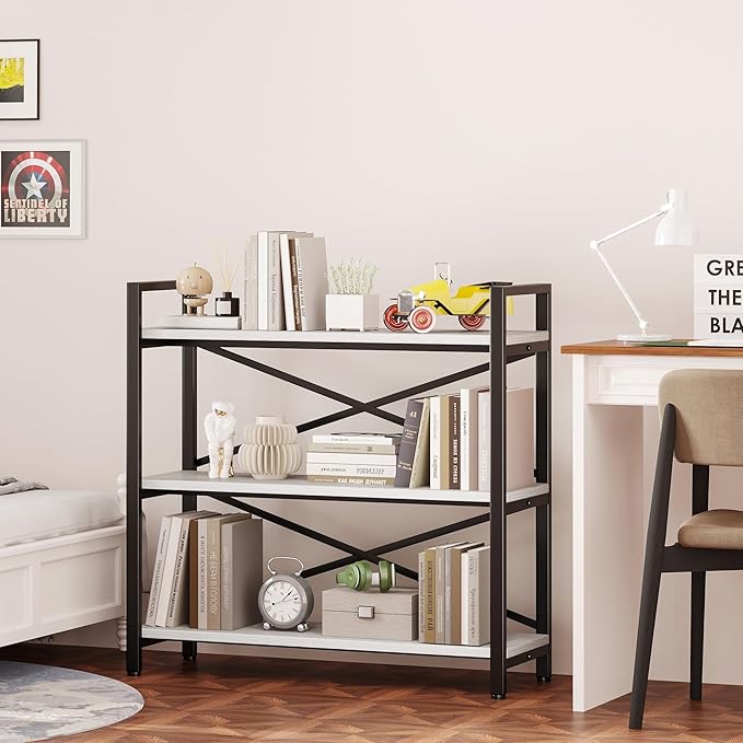 Homeiju 3 Tier Bookshelf 31.49" Width, Wood and Metal Etagere Bookcase, Vintage Farmhouse Modern Wooden Big Book Shelf for Home Living Room Bedroom Office Storage(White)