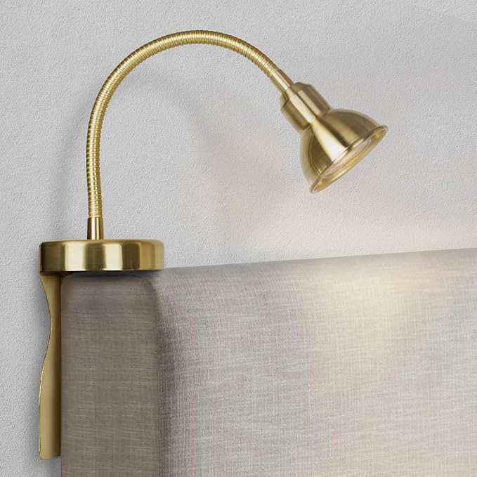 Solfres Patented Innovative Design Headboard Reading Light. No Drilling Golden Book Light for Bedtime Reading. Dimmable LED Book Reading Lamp with Bulb. Movable & Flexible, Gold