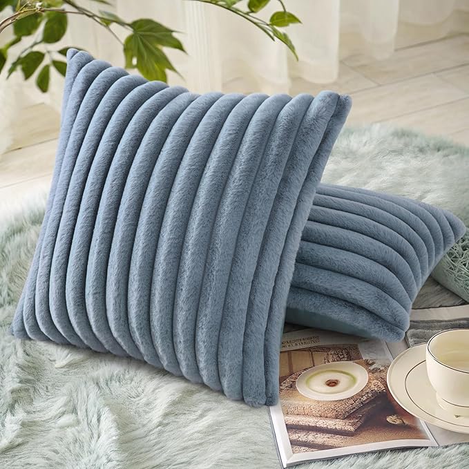 decorUhome Faux Fur Spring Throw Pillow Covers 18x18 Set of 2, Decorative Soft Plush Striped Neutral Couch Pillow Covers with Velvet Back for Sofa, Bed, Living Room Home, Grey Blue