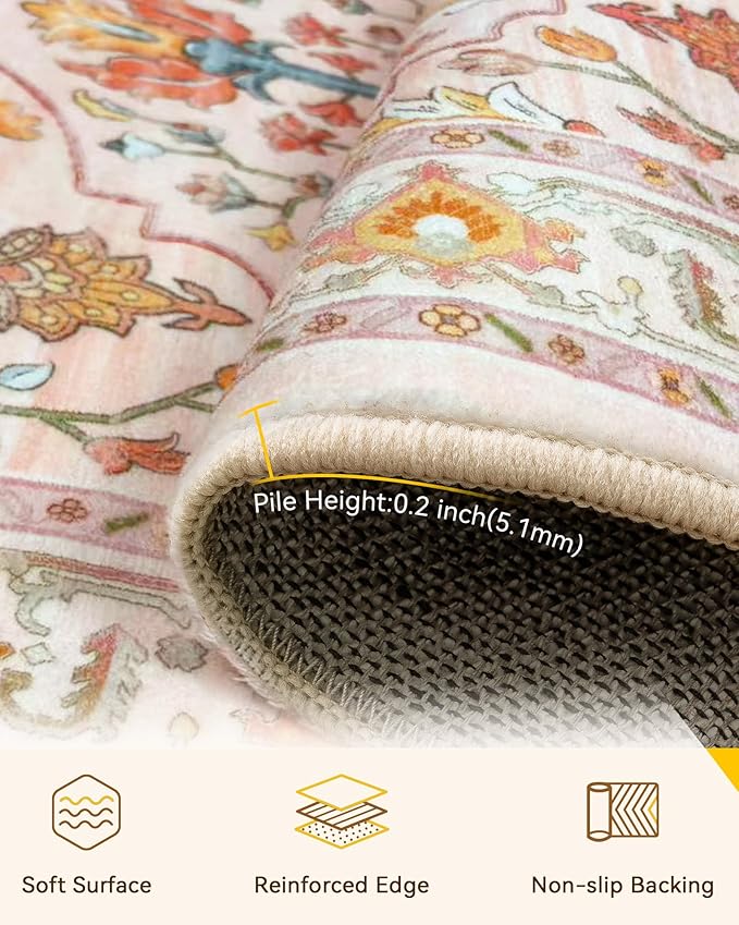Area Rugs 2'x8' Washable Non-Slip, Floral Vintage Distress Print Pattern Medallion Carpet for Living Room Bedroom Dining Room, Light Pink Colorful