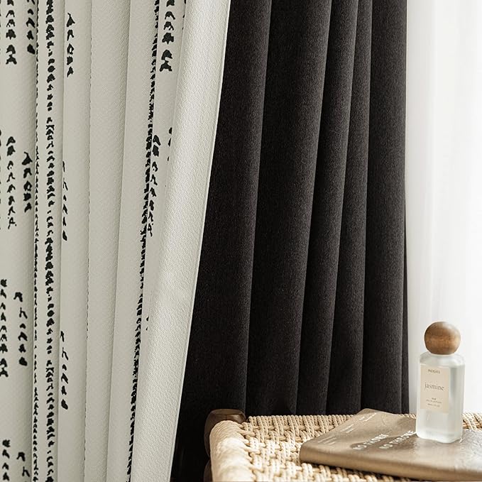 100% Boho Blackout Curtains 96 Inches Long for Bedroom, Black on Beige Patterned Bohemian Curtains for Living Room, Geometric Striped Thermal Insulated Window Drapes Gromment Top 2 Panels
