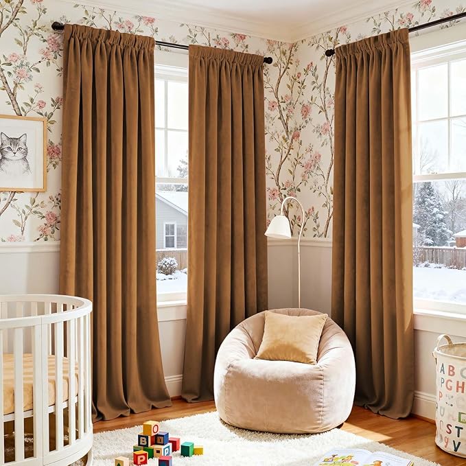 Lazzzy Gold Brown Blackout Velvet Curtains 96 Inches Long Thermal Insulated Room Darkening Curtain Drapes Luxury Back Tab Window Treatments for Bedroom Living Room 2 Panels, 52 x 96 Inch, Golden Brown
