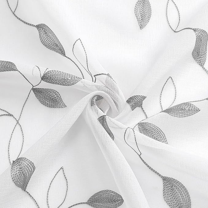 Tollpiz Grey Leaf Sheer Curtains Leaves Embroidered Living Room Curtain Rod Pocket Voile Window Treatments for Bedroom, 54 x 63 inches Long, Set of 2 Panels