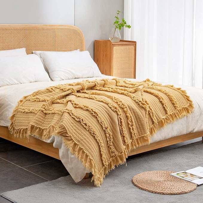 Ultra Soft Pre-Washed Quilted Boho Yellow Twin Size Blankets for Bed, Ruffle Fringed Decorative Throw, Stone Washed Chic Rustic Blanket for Sofa Couch Bed, 60"*80"