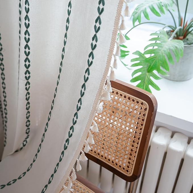 Sutuo Home Boho Curtains 84 inches Long for Bedroom, Semi Blackout Farmhouse Vintage Tassels Window Treatment Bohemian Embroidery Drape, Rod Pocket 1 Panel 52" W x 84" L, White and Emerald Green
