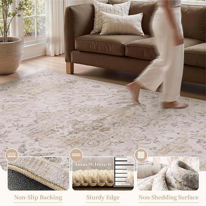 PADOOR 5X7 Area Rug,Rugs for Living Room,Soft Beige Rugs for Bedroom,Machine Washable Rug Non Slip Carpet for Dining Room Living Room Bedside Office