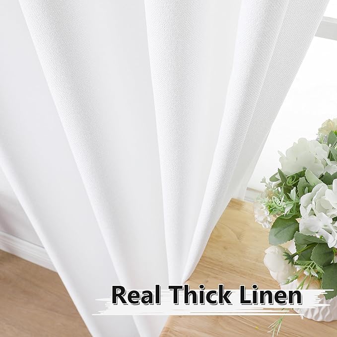 Tollpiz Short Linen Tier Curtains Rod Pocket Semi Sheer Half Kitchen Curtain Burlap Light Filtering Thick Linen Drapes for Bathroom, 30 x 24 inches Long, White, Set of 2 Panels