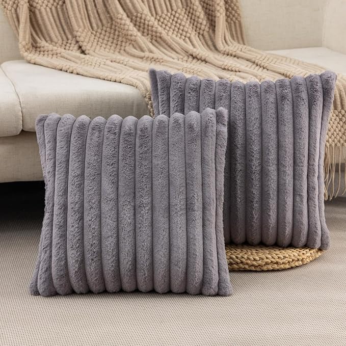 ZLINA Set of 2 Dark Grey Faux Fur Decorative Throw Pillow Covers Fluffy Striped Pillowcase Cushion Covers 16 x16 Inch Decor Sofa Couch Bedroom