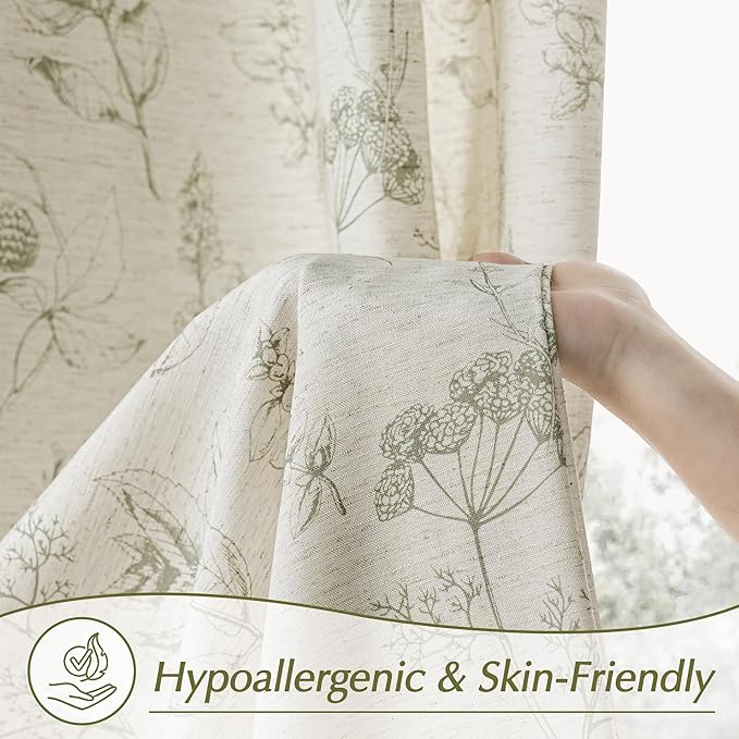 FMFUNCTEX Linen Curtains Floral Patterned Curtain for Bedroom Living Room, Sage Green Curtains 63 Inch Length Farmhouse, Light Filtering Beige Window Curtain Grommet Top 2 Panels Set