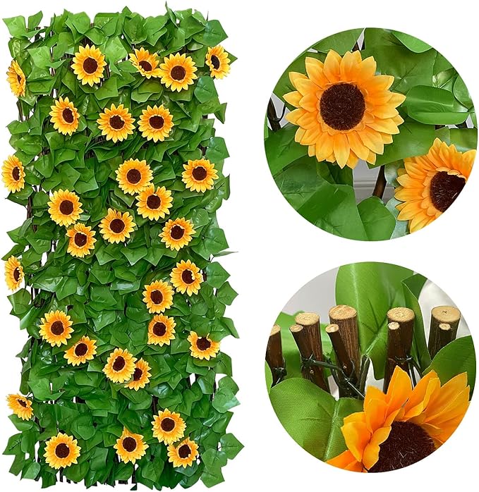 Sumery Expandable Fence Privacy Screen for Balcony Patio Outdoor,Decorative Faux Ivy Fencing Panel,Artificial Hedges (Single Sided Leaves) (4, Sunflowers)