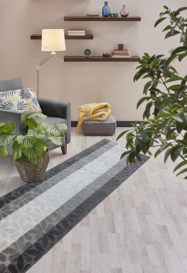 Custom Length Hallway Runner Rug,Slip Resistant,Flower Grey, 26 Inch X 6 feet, Sold and Priced Per Foot