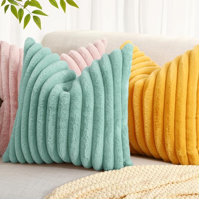 decorUhome Faux Fur Spring Throw Pillow Covers 22x22 Set of 2, Decorative Soft Plush Striped Neutral Couch Euro Sham Pillow Covers with Velvet Back for Sofa, Bed, Living Room Home, Aqua