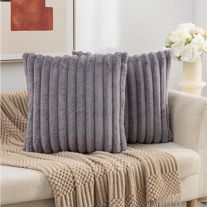 ZLINA Set of 2 Dark Grey Faux Fur Decorative Throw Pillow Covers Fluffy Striped Pillowcase Cushion Covers 20 x20 Inch Decor Sofa Couch Bedroom