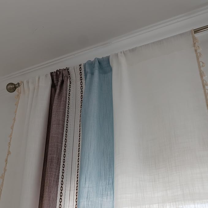 Sutuo Home Boho Curtains 96 inches for Bedroom Living Room, Semi Blackout Linen Farmhouse Tassels Window Treatment Bohemian Embroidery Drape, Rod Pocket 1 Panel 52" W x 96" L, Brown Blue Striped Linen