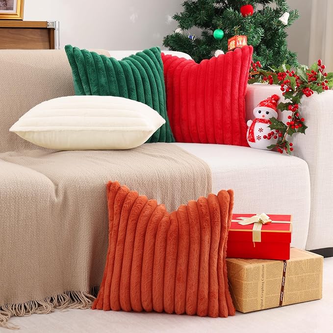 Pallene Faux Fur Plush Christmas Throw Pillow Covers 20x20 Set of 2, Luxury Soft Fluffy Striped Decorative Pillow Covers for Sofa, Couch, Living Room, Christmas Green