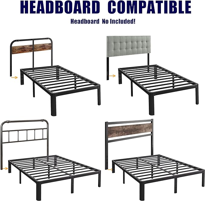 Hunlostten 14in High Queen Bed Frame No Box Spring Needed, Heavy Duty Metal Platform Bed Frame Queen Size with Round Corners, Easy Assembly, Noise Free, Black