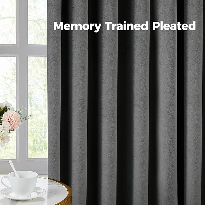 Pinch Pleated 100% Blackout Curtains for Bedroom, Grey Velvet Curtains for Living Room, Black Out Curtain 84 inch Long Room Darkening, Blackout Pinch Pleat Drapes with Hooks 2 Panels