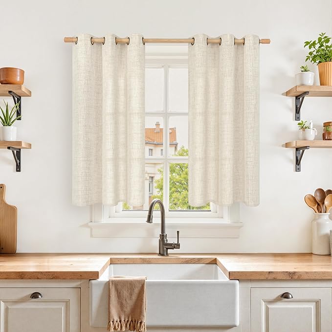 YoungsTex Linen Kitchen Window Curtains 40 Inch Length with Grommet, Short Light Filtering Drapes with Bronze Grommet Semi Sheer for Bathroom Cafe Decorative, 34 x 40 Inch, 2 Panels