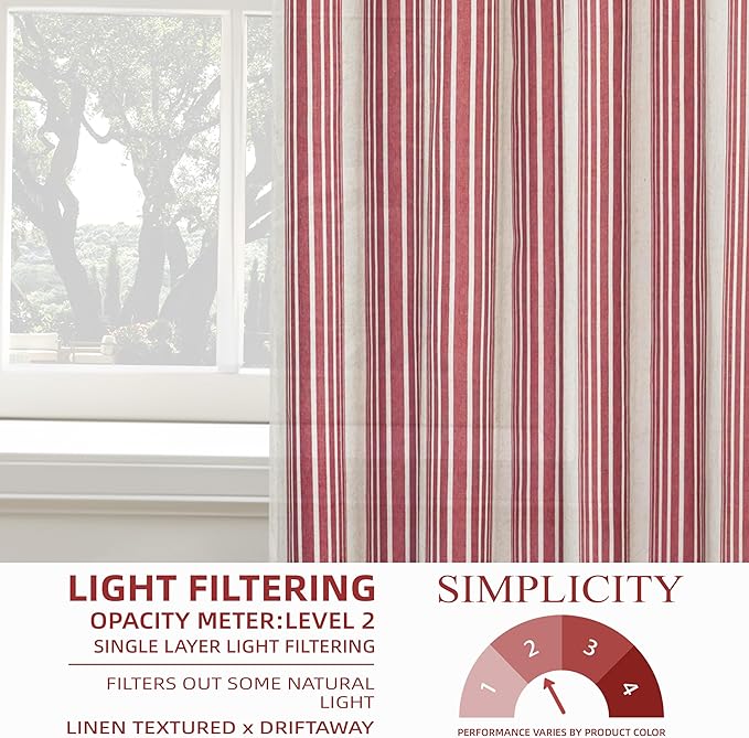 DriftAway Farmhouse Vertical Striped Linen Blend Textured Light Filtering Semi Sheer Curtains for Living Room Bedroom 108 Inches Long Drapes 2 Panels Broad Striped Red
