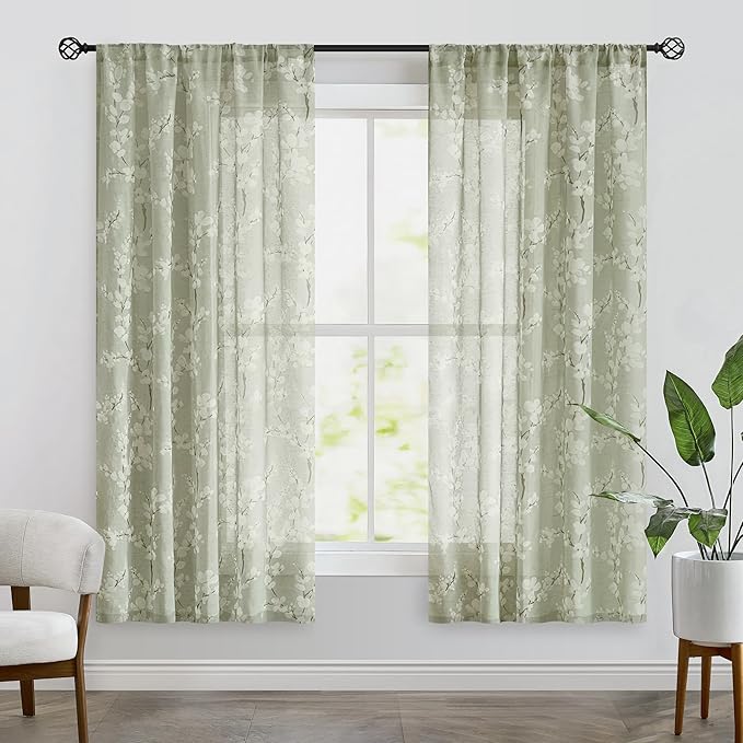 FMFUNCTEX Linen Sheer Curtains for Bedroom, Sage Green Blossom Print Curtains 63 Inch Length for Living Room, Floral Patterned Farmhouse Curtain Light Filtering Window Drapes 2 Panels, Rod Pocket