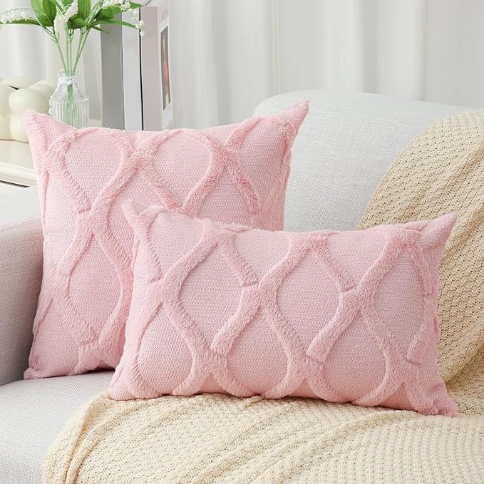 decorUhome Spring Euro Sham Throw Pillow Covers 24x24 Inch Set of 2, Soft Plush Faux Fur Wool Light Pink Couch Pillow Covers, Decorative Neutral Pillow Cases for Bed Sofa Living Room Home Decor