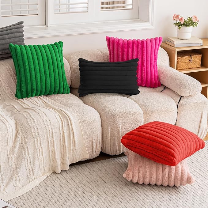 Double-Sided Faux Fur Plush Throw Pillow Covers 12x20 Set of 2 Fuzzy Striped Soft Cozy Pillowcase Luxury Decorative Pillows Rectangle Fluffy Cushion Covers for Couch Sofa Bed,Black