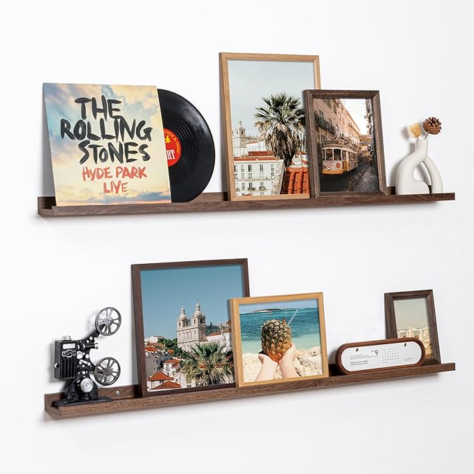 Fun Memories Picture Ledge Shelf, 48 Inch Floating Shelves Set of 2, Large Nursery Book Shelves for Toys Storage, Kids Bookshelf Wall Mounted for Wall Decor Books Photo Frames, Walnut