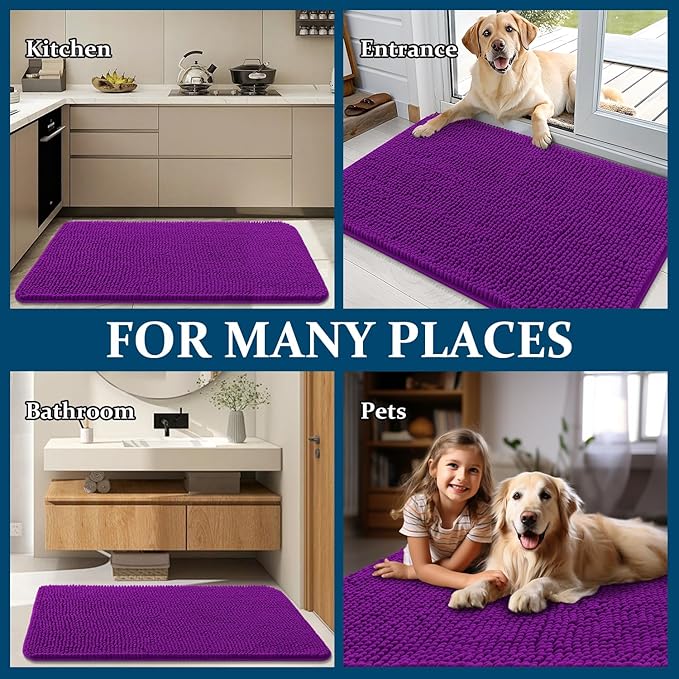 OLANLY Dog Door Mat for Muddy Paws 70x24, Absorbs Moisture and Dirt, Absorbent Non-Slip Washable Doormat, Quick Dry Chenille Mud Mat for Dogs, Entry Indoor Entryway Carpet for Inside Floor, Purple