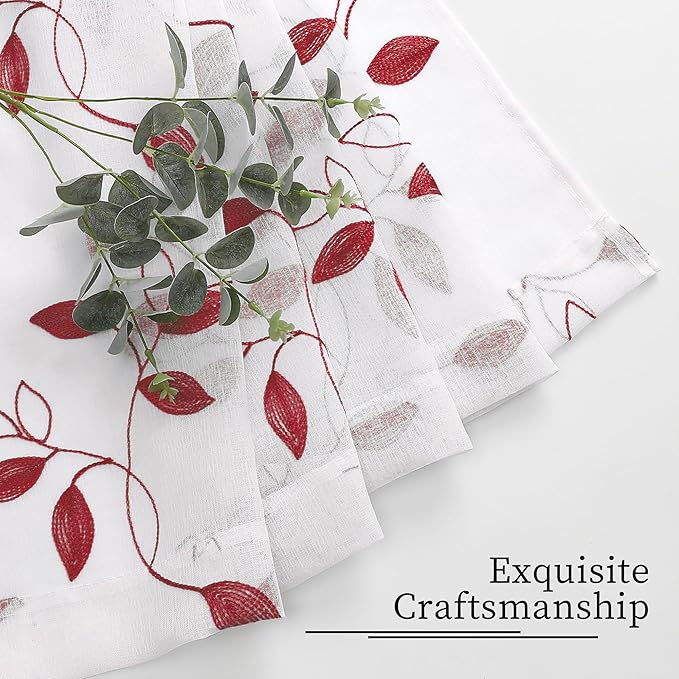 Tollpiz Burgundy Red Leaf Sheer Curtain Leaves Embroidered Bedroom Curtains Rod Pocket Voile Window Treatments for Living Room, 38 x 63 inches Long, Set of 2 Panels