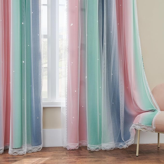 XiDi Curtains for Bedroom Decor, Rainbow Pinkgreen grey52/96