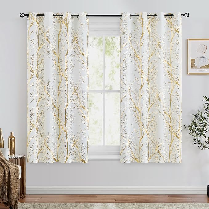 FMFUNCTEX Linen Semi Sheer Curtains, Gold Foil Metallic Print White Tree Panel for Bedroom & Living Room, Light Filtering 54 Inch Grommet Top 2 Panels