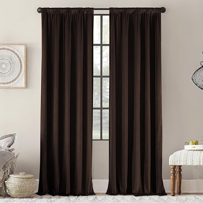 nanbowang Coffee Brown Velvet Curtains - 42 Inches Width 63 Inches Long Soft Curtain Rod Pocket Thermal Insulated Window Treatment for Bedroom 2 Panels