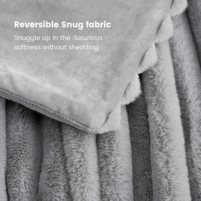 Cozy Bliss Faux Fur Throw Blanket for Couch, Cozy Warm Plush Striped Blanket for Sofa Bedroom Living Room, 50 * 60 Inches Gray