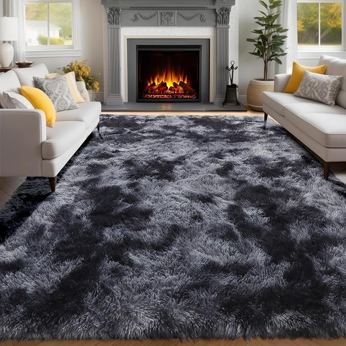 PAGISOFE Abstract Shaggy Area Rug 6x9 Feet,Plush Fluffy Rugs for Living Room,Tie-Dyed Grey Soft Rug for Bedroom,Furry Rugs for Girls Boys Kids Room,Extra Large Fuzzy Rug, Shag Carpets for Room Decor