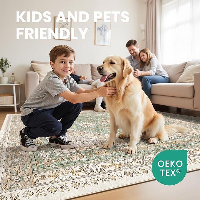 zesthome 8x10 Area Rugs for Living Room,Non-Slip Backing Washable Rugs,Vintage Large Area Rug，Stain Resistant Home Decor Rug (Green/Brown,8'x10')