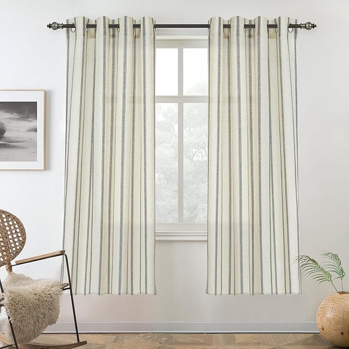 DriftAway Farmhouse Vertical Striped Linen Blend Textured Light Filtering Semi Sheer Curtains for Living Room Bedroom 63 Inches Long Drapes 2 Panels