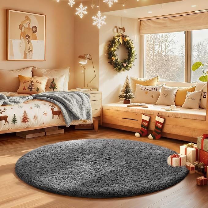 Ophanie Round Rugs 3Ft Grey Circle Area Rug,Christmas Room Decor, Aesthetic Nursery Bedroom Carpet, Fluffy Fuzzy Plush Soft Shaggy Gray Living Room Rugs for Kids Boys Girls Teen Baby Home, Dorm