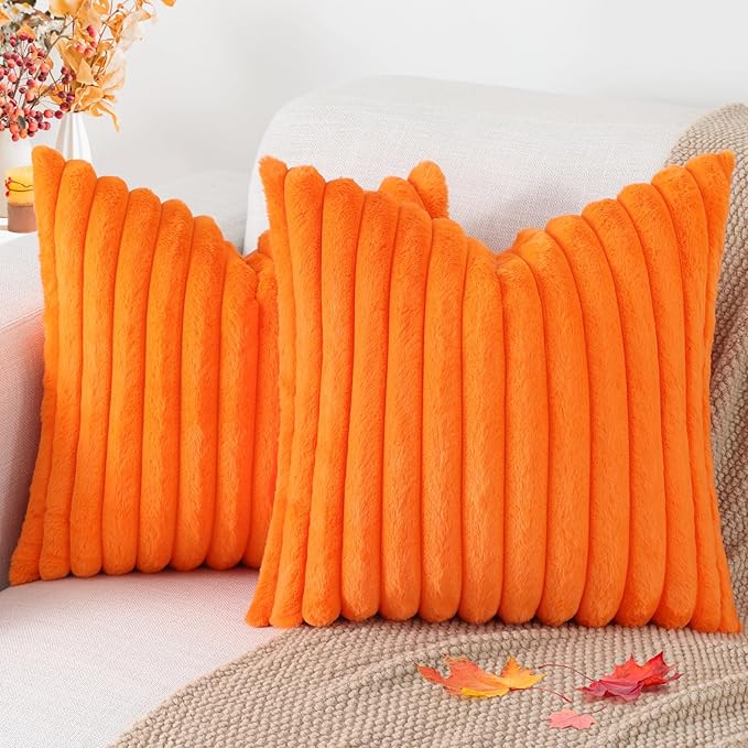 Pallene Faux Fur Plush Fall Throw Pillow Covers 24x24 Set of 2, Luxury Soft Fluffy Striped Decorative Pillow Covers for Sofa, Couch, Living Room, Burnt Orange